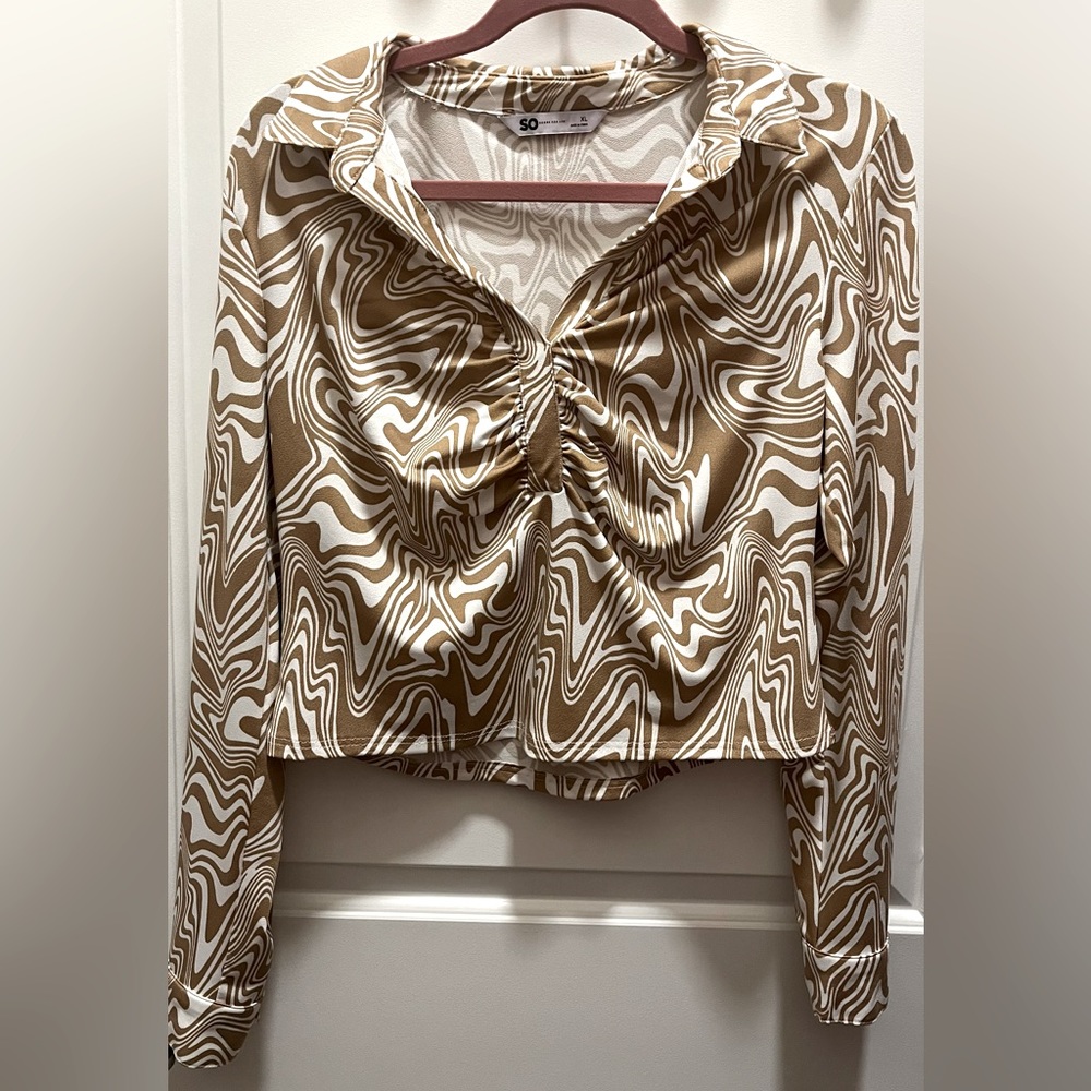 Cream and Tan swirl Blouse, Size XL